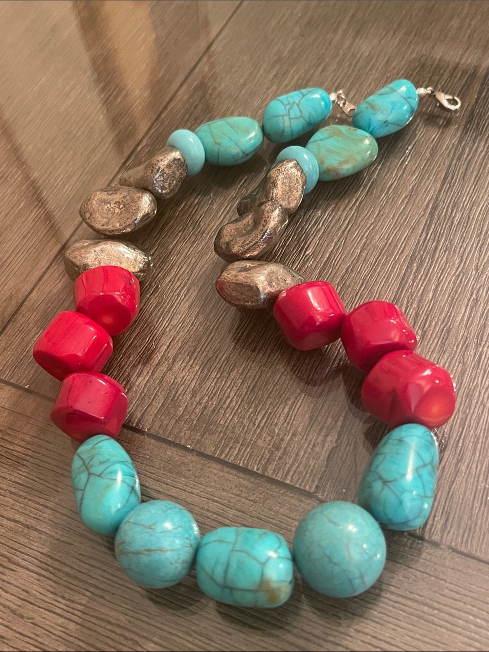 Boho Statement Necklace with Turquoise, Coral Red, & Silver Nugget Chunky Beads